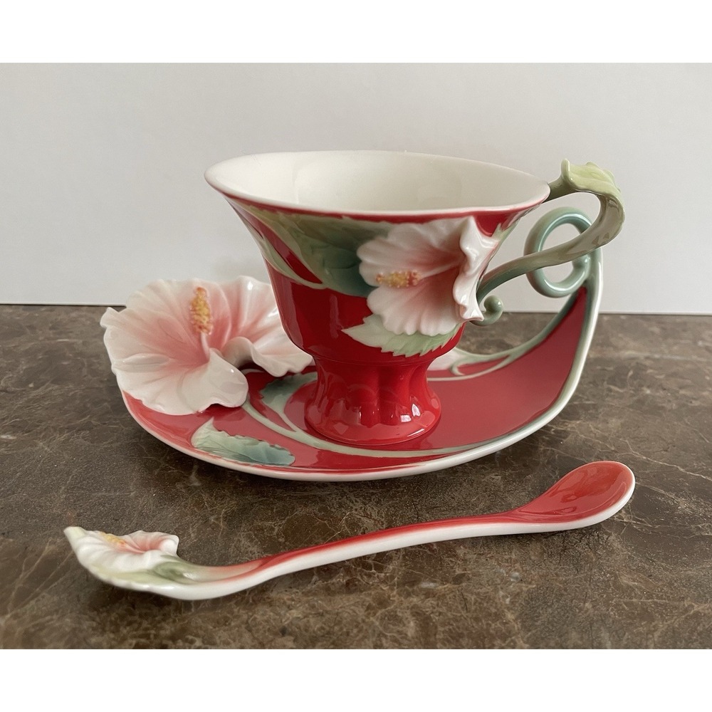 FRANZ Collection Island Beauty Hibiscus‎ Cup Saucer Set w Spoon FZ00978